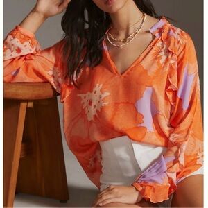 Hutch Anthropologie Multi Floral Peasant Top Medium Orange Flowy